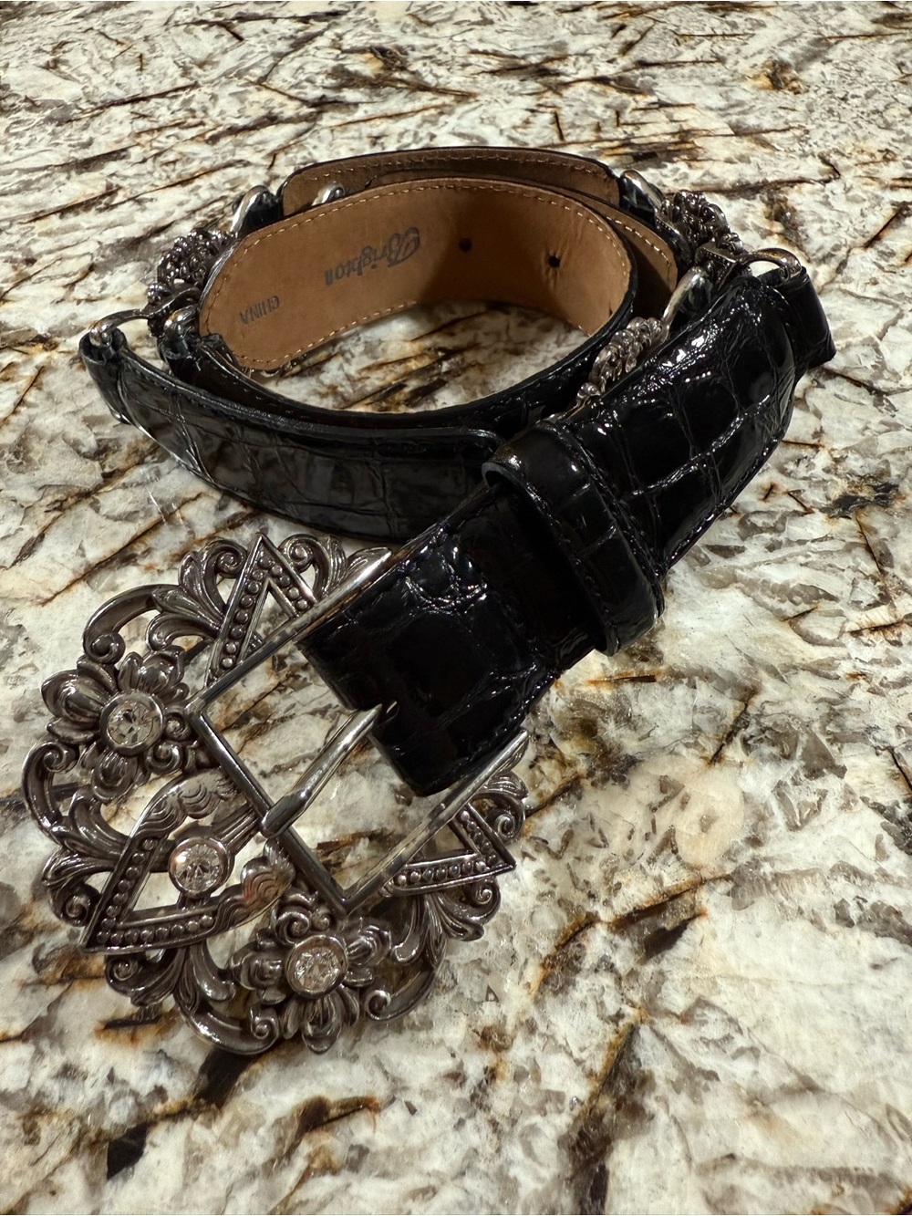 Brighton Black Croc-Embossed Women’s Belt with Ornate Silver Buckle